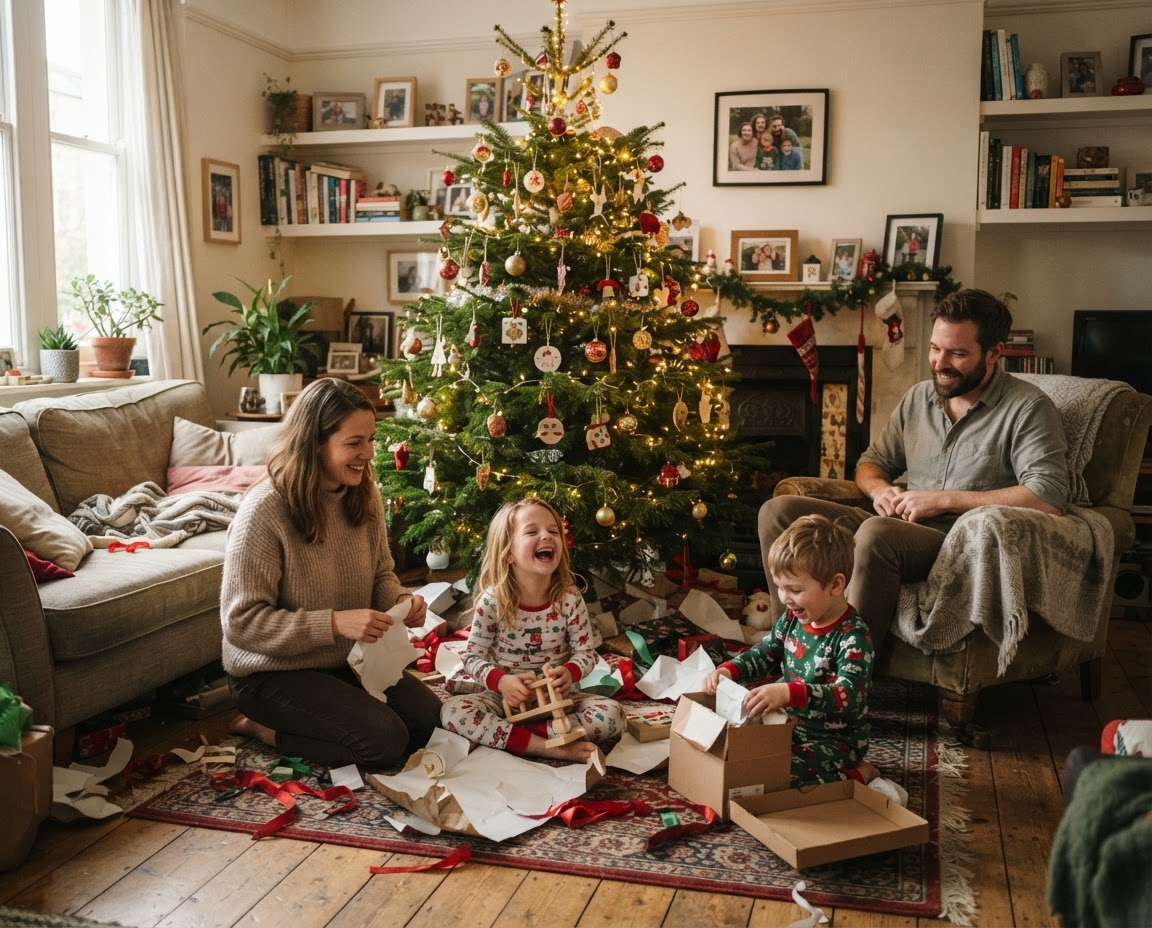 Une famille partage un moment de Noël autour du sapin