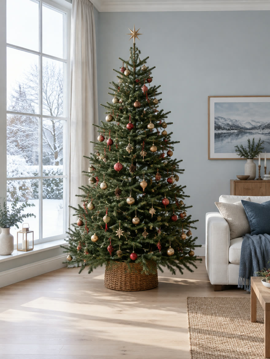 Sapin décoré dans un salon en plein jour